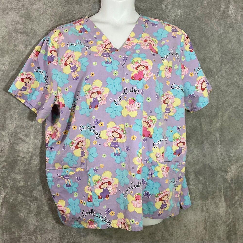 Strawberry Shortcake Lavender Pockets V Neck Scrub Top Women's 2X Short Sleeve